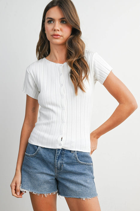Ribbed Short Sleeve Buttoned Top