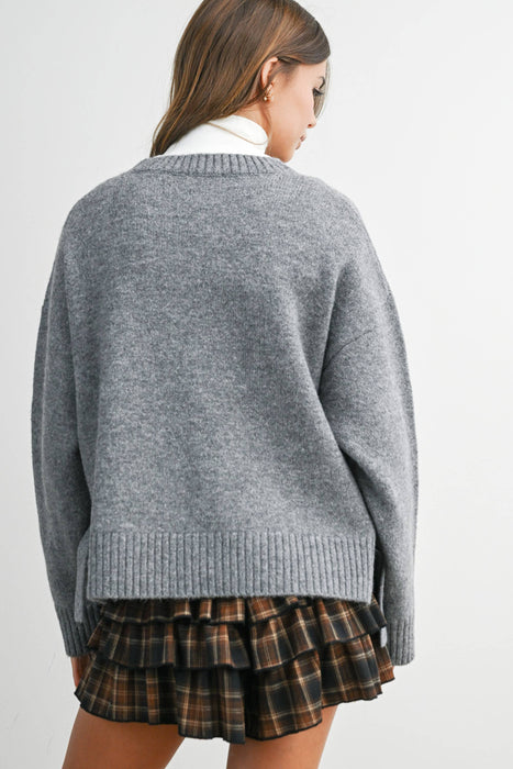 Tie Split-Hem Crewneck Sweater