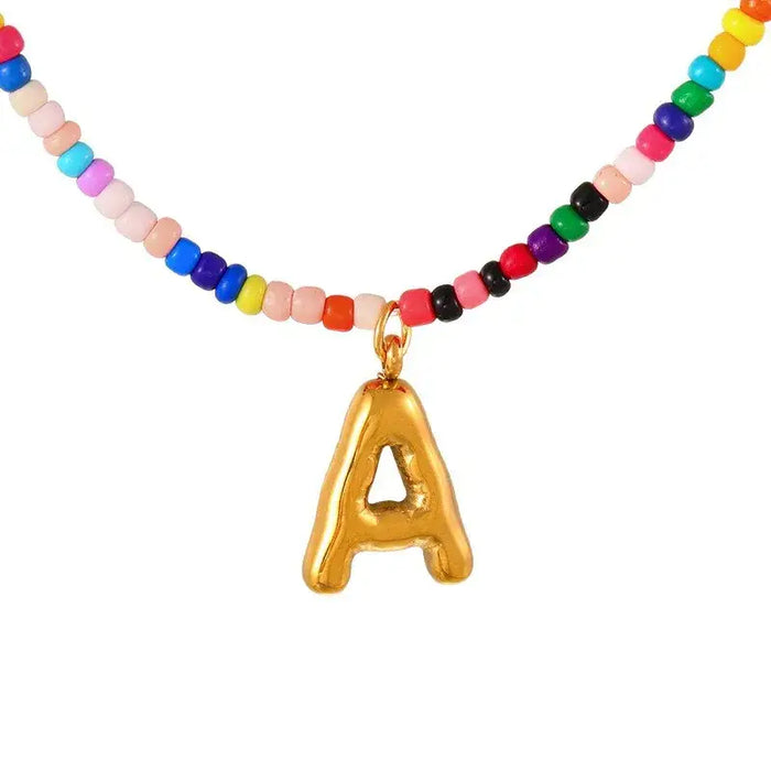 Letter Pendant Beaded Necklace - 18k Gold