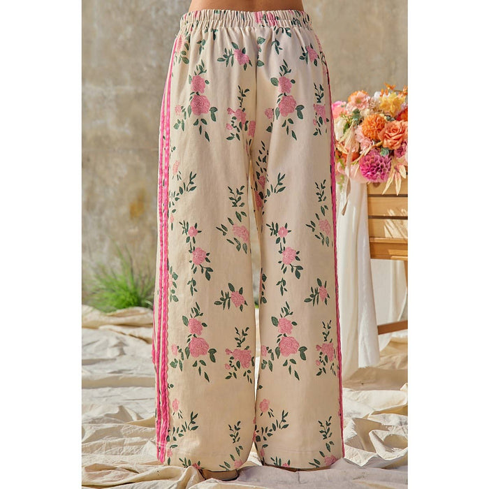 Flower Printed Pants with Side Trim