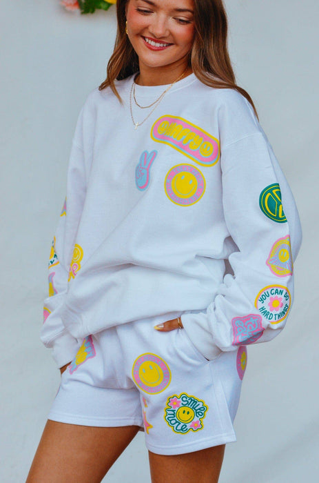 Smile More Retro Patch White Sweatshirt