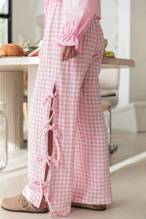 Gingham Elastic Waist Wide Leg Pants - Pink