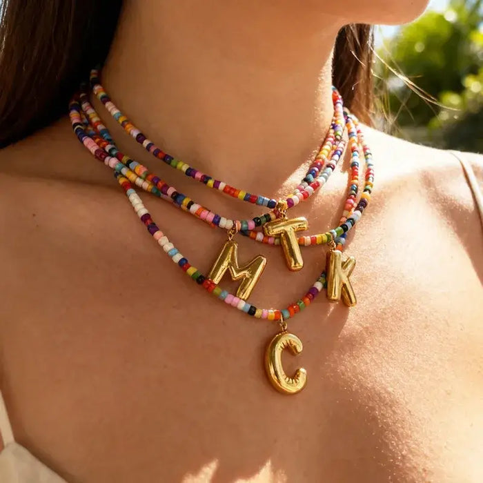 Letter Pendant Beaded Necklace - 18k Gold