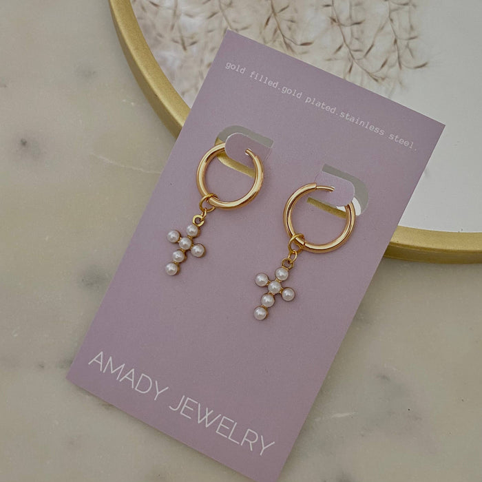 Cross Beaded Pearl Hoops -  14k gold plated