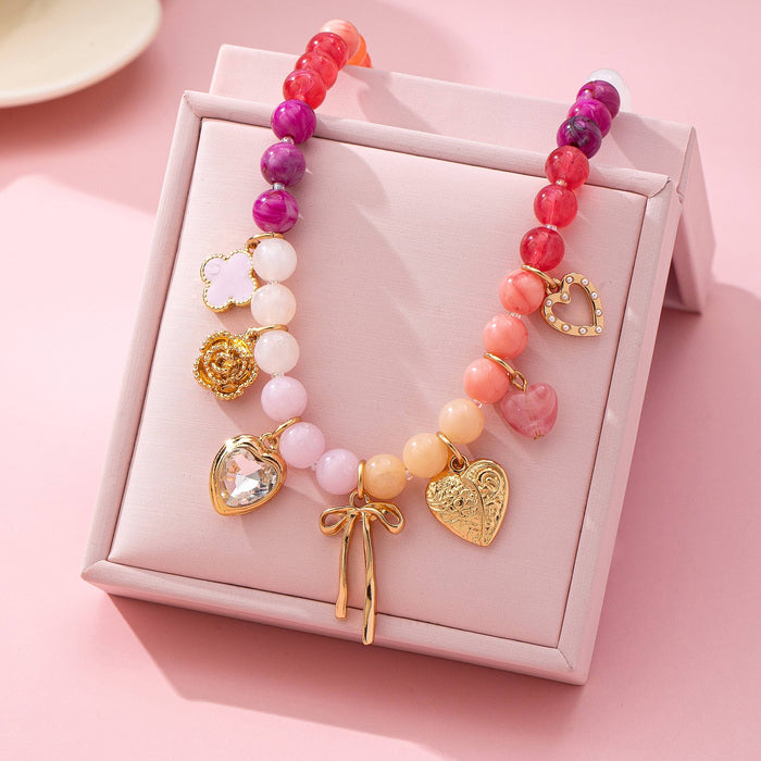Beaded Bow Heart Flower Charm Necklace