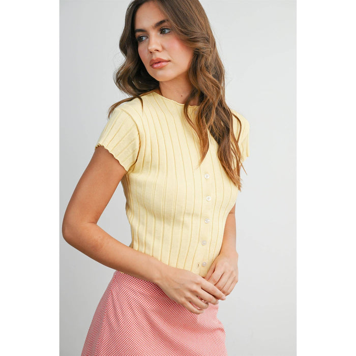Ribbed Short Sleeve Buttoned Top