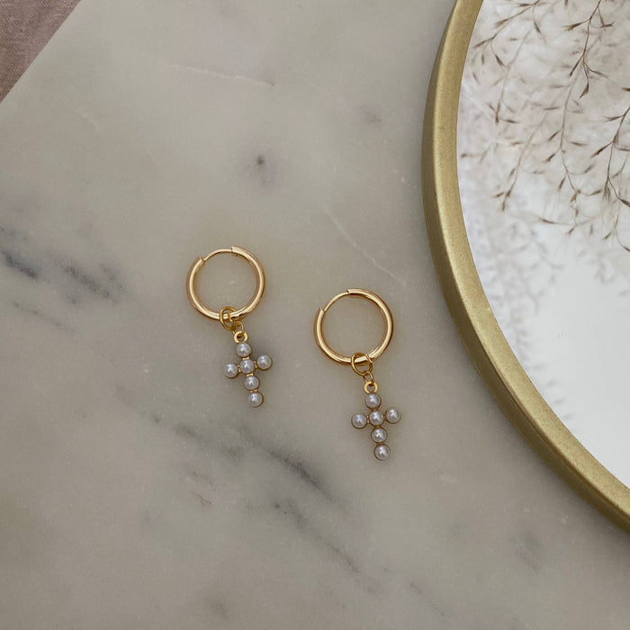 Cross Beaded Pearl Hoops -  14k gold plated
