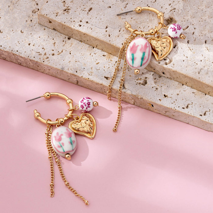 Chinoiserie Floral Charm Hoop Earrings