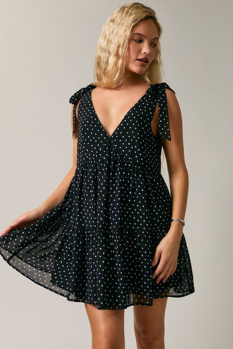 Tie Shulder Strap Tiered Polka Dot Mini Dress