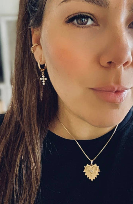 Cross Beaded Pearl Hoops -  14k gold plated
