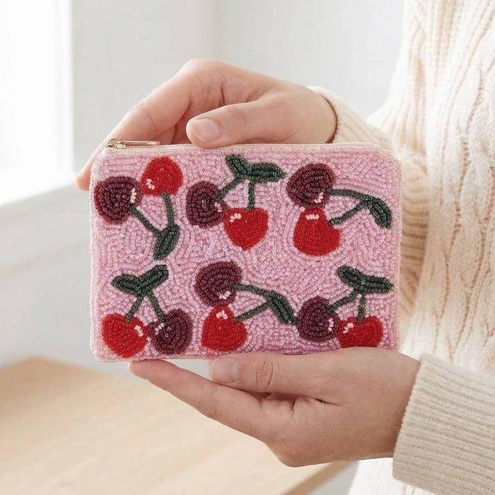 Two Tone Cherries Beaded Coin Purse