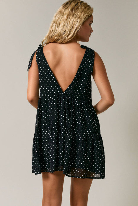 Tie Shulder Strap Tiered Polka Dot Mini Dress