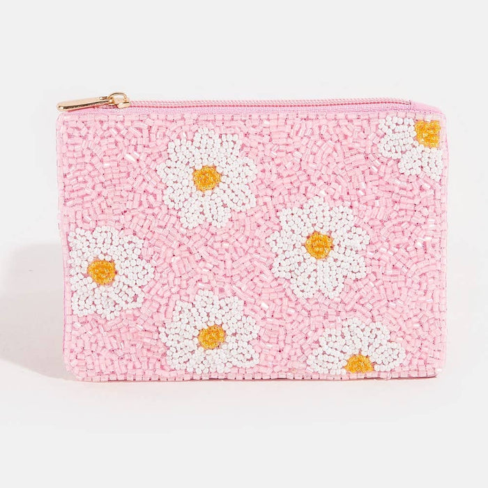 Daisy Flowers Pink Beaded Coin Purse