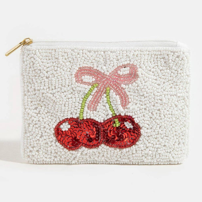 Cherry And Ribbon Bow Beaded Coin Purse