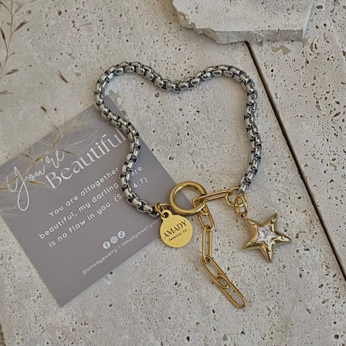 Star charm two tone silver and gold ombré pendant bracelet - 18k Gold