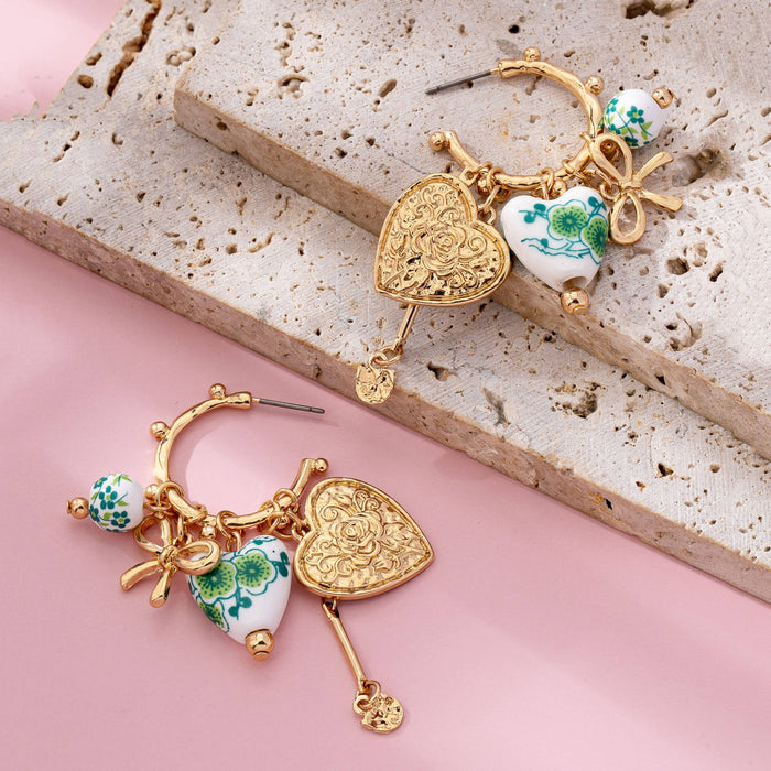 Chinoiserie Heart Charm Hoop Earrings