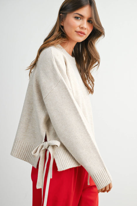 Tie Split-Hem Crewneck Sweater