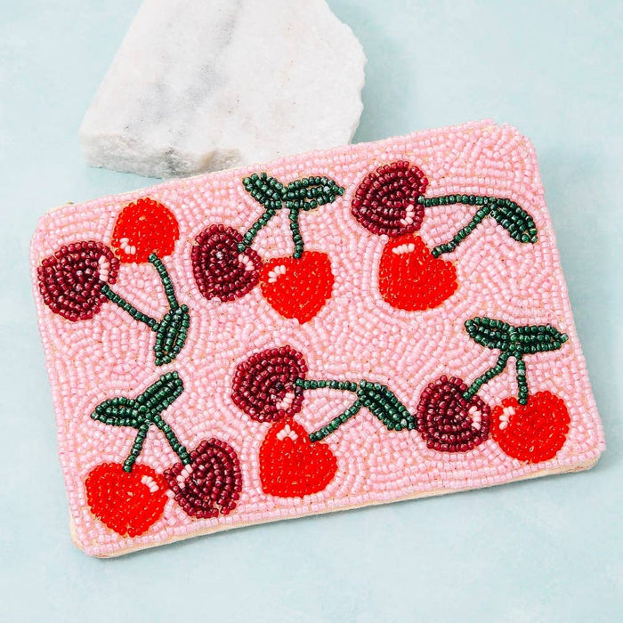 Two Tone Cherries Beaded Coin Purse