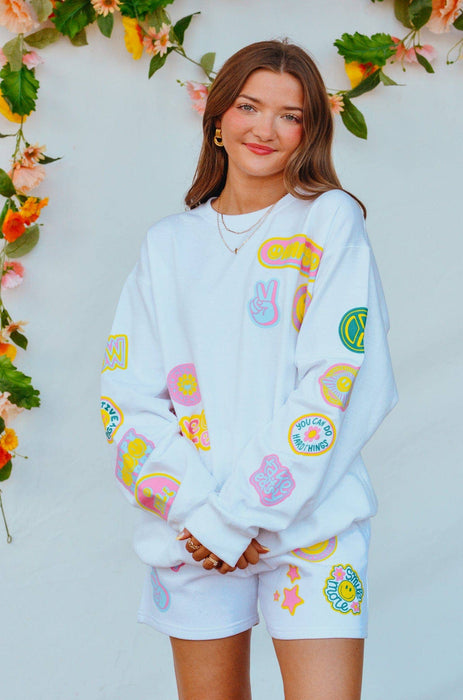 Smile More Retro Patch White Sweatshirt