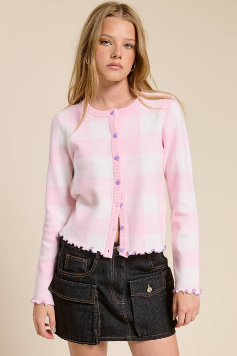 Plaid Knit Cardigan with Heart Buttons