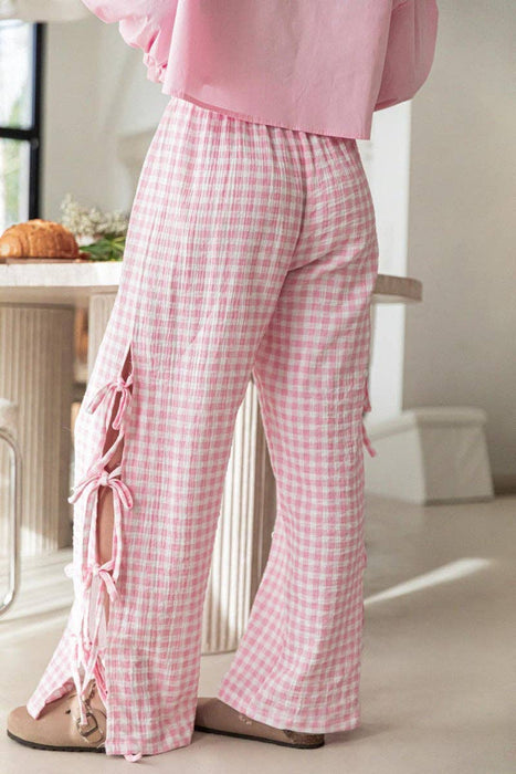 Gingham Elastic Waist Wide Leg Pants - Pink