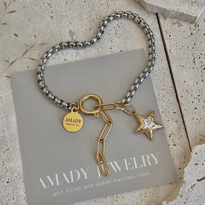 Star charm two tone silver and gold ombré pendant bracelet - 18k Gold