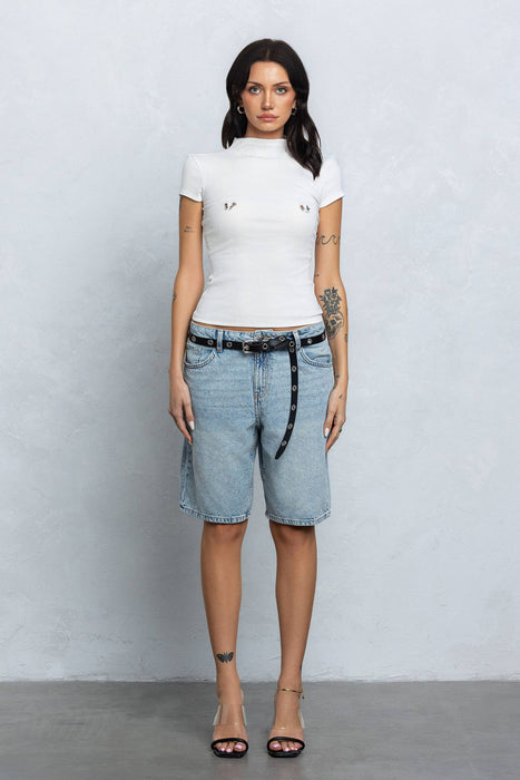 Ribbed mock neck piercing top