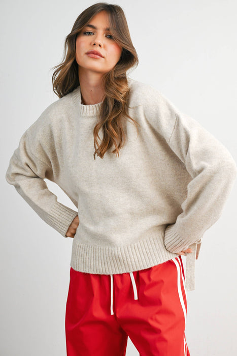 Tie Split-Hem Crewneck Sweater