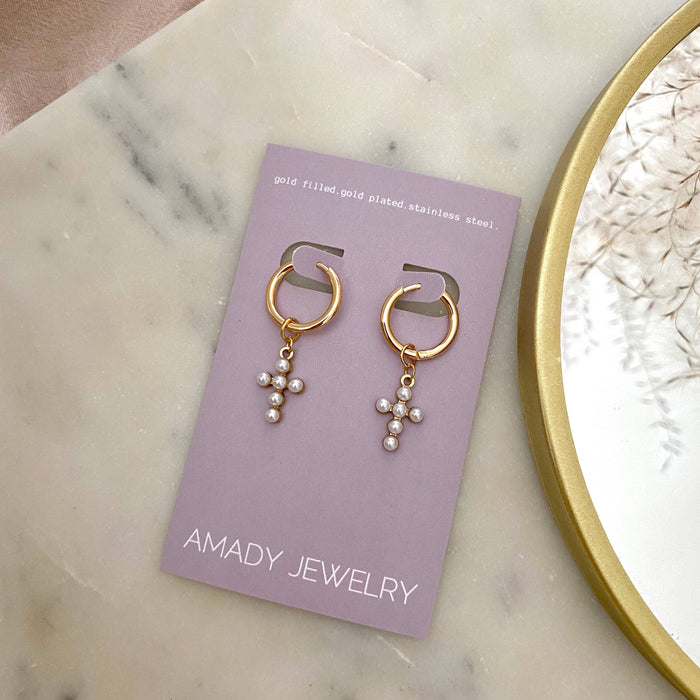 Cross Beaded Pearl Hoops -  14k gold plated