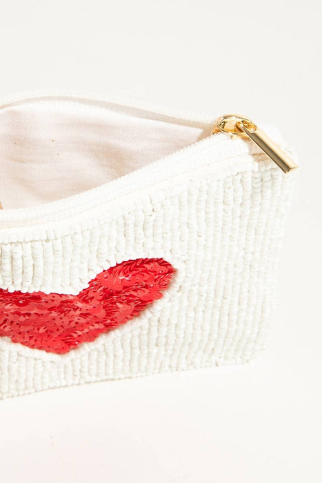 Red Heart White Beaded Coin Purse