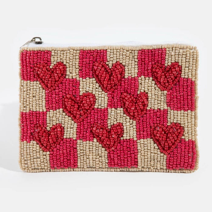 Hearts Checkered Beaded Coin Purse