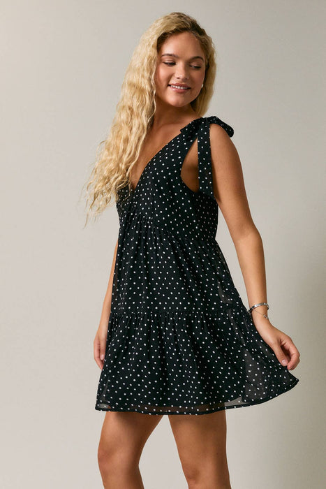 Tie Shulder Strap Tiered Polka Dot Mini Dress