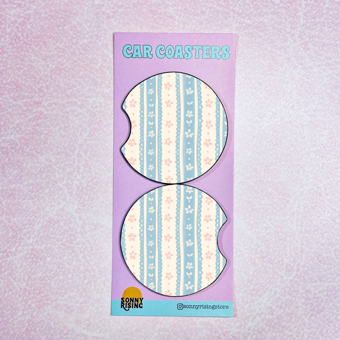 Car Coasters Set-  Blue Floral Ribbon Pattern
