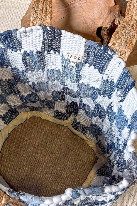 Ivory Denim Checker Woven Tote Bag