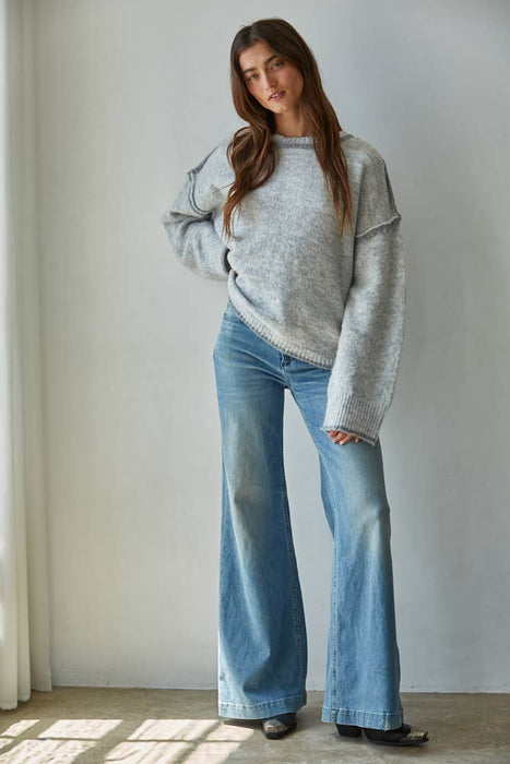 Knit Crew Neck Rolled Edge Sweater