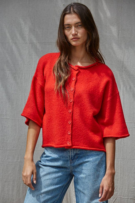 Knit Sweater Quarter Sleeve Button Up Cardigan