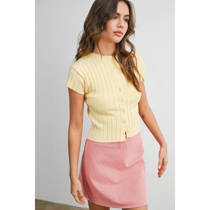 Ribbed Short Sleeve Buttoned Top