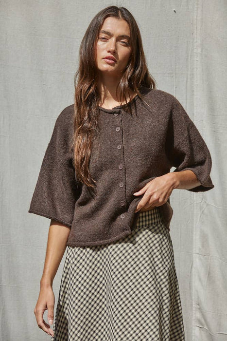 Knit Sweater Quarter Sleeve Button Up Cardigan