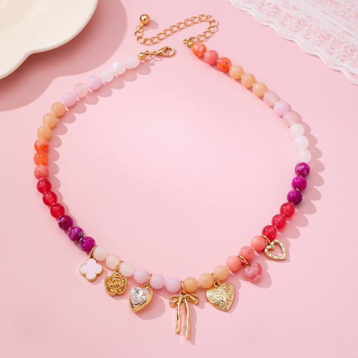 Beaded Bow Heart Flower Charm Necklace