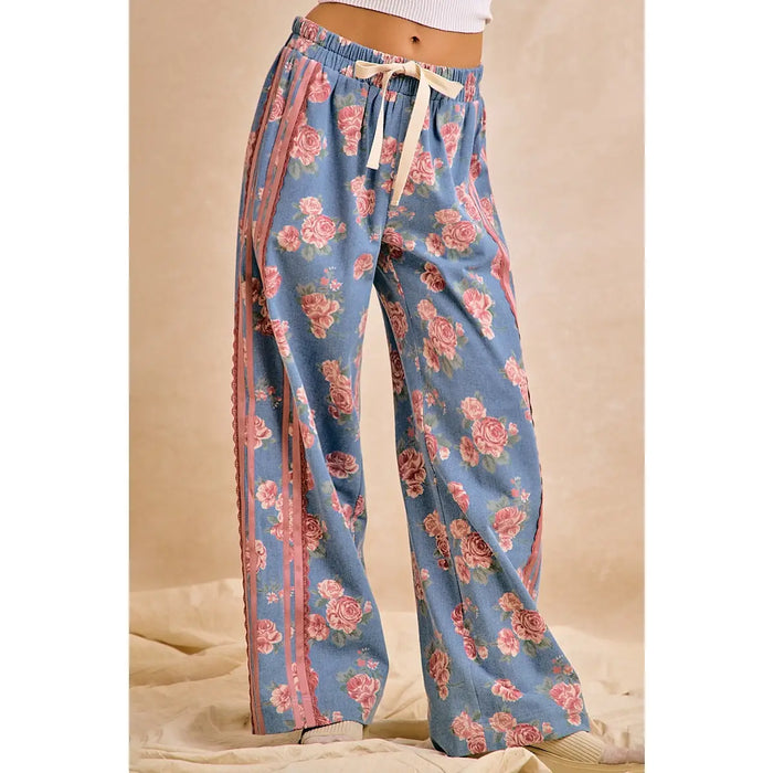 Floral Washed Denim Lace Side Pants