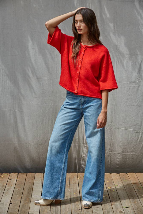 Knit Sweater Quarter Sleeve Button Up Cardigan