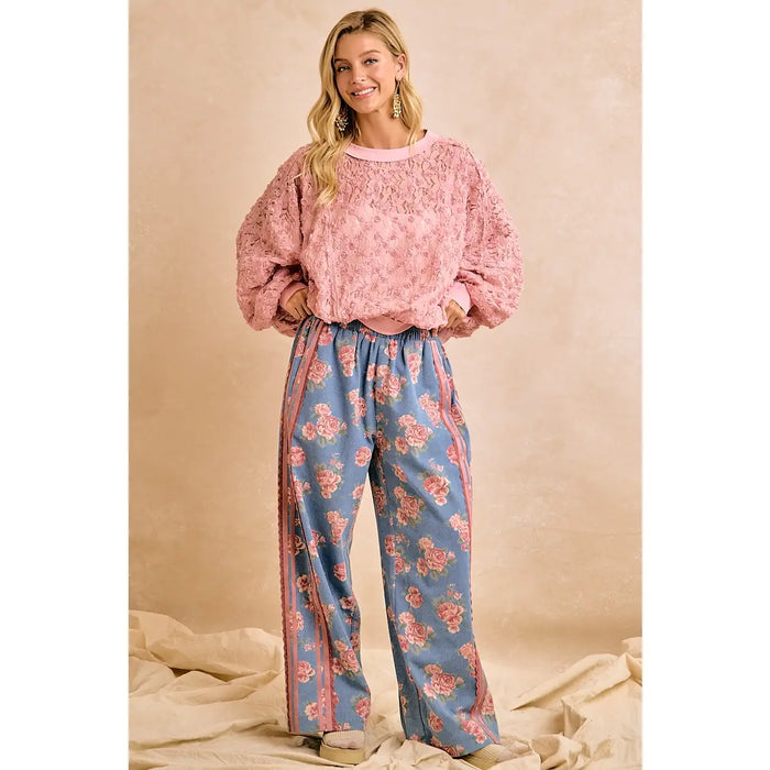 Floral Washed Denim Lace Side Pants