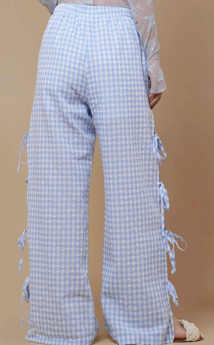 Gingham Elastic Waist Wide Leg Pants - Blue