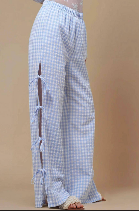 Gingham Elastic Waist Wide Leg Pants - Blue