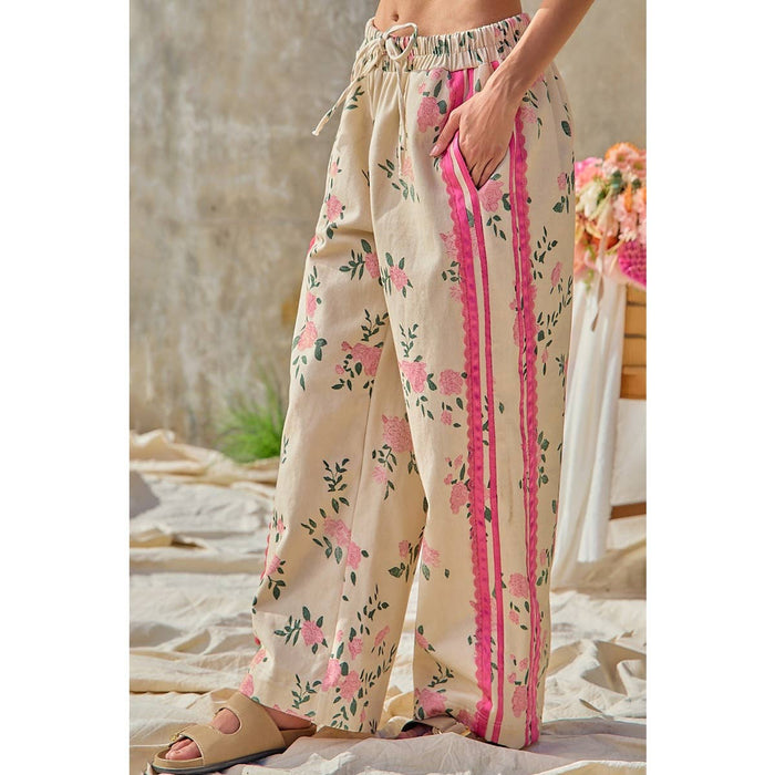Flower Printed Pants with Side Trim