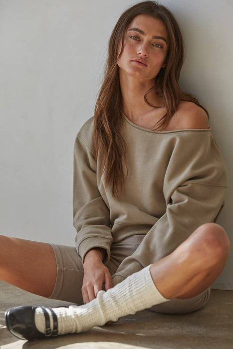 Off Shoulder Knit Cotton Washed Pullover