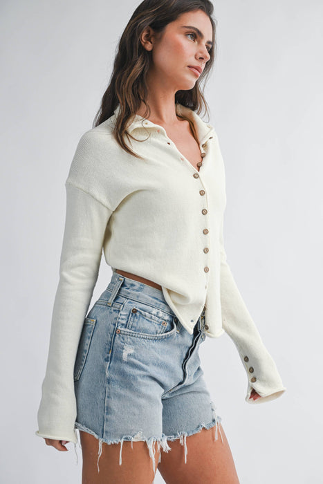Button Front Cropped Knit Cardigan