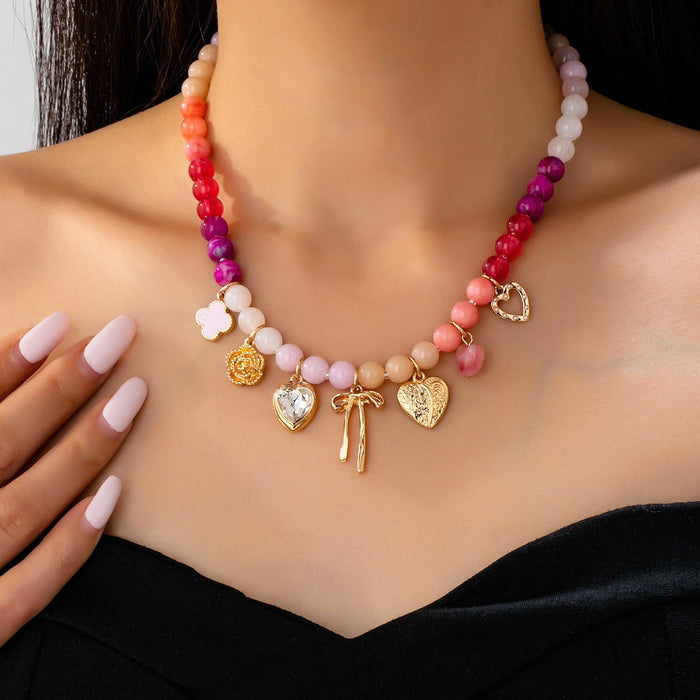 Beaded Bow Heart Flower Charm Necklace