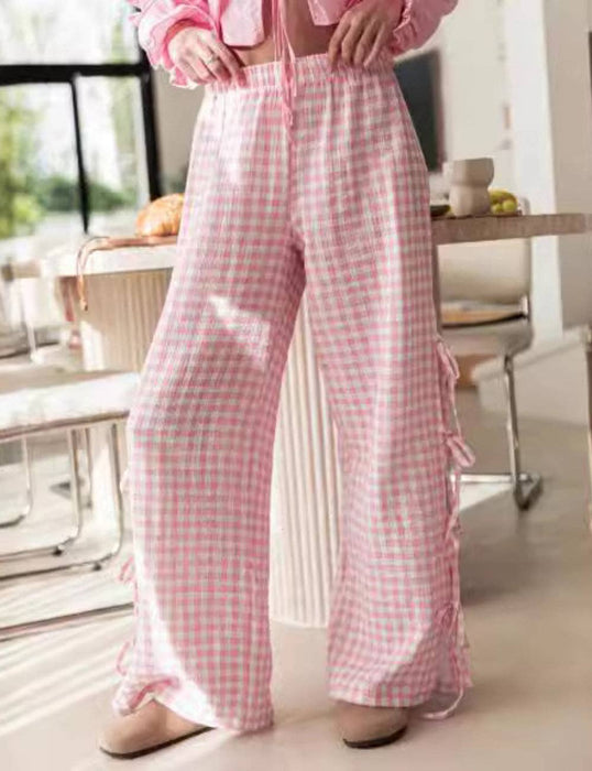 Gingham Elastic Waist Wide Leg Pants - Pink
