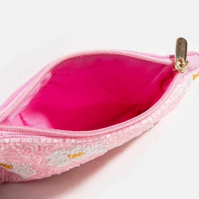 Daisy Flowers Pink Beaded Coin Purse